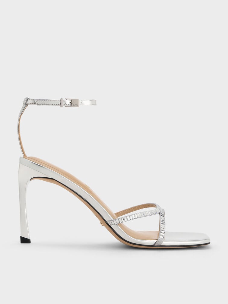 Jaylene Metallic Leather Gem Stiletto Sandals, Silver, hi-res