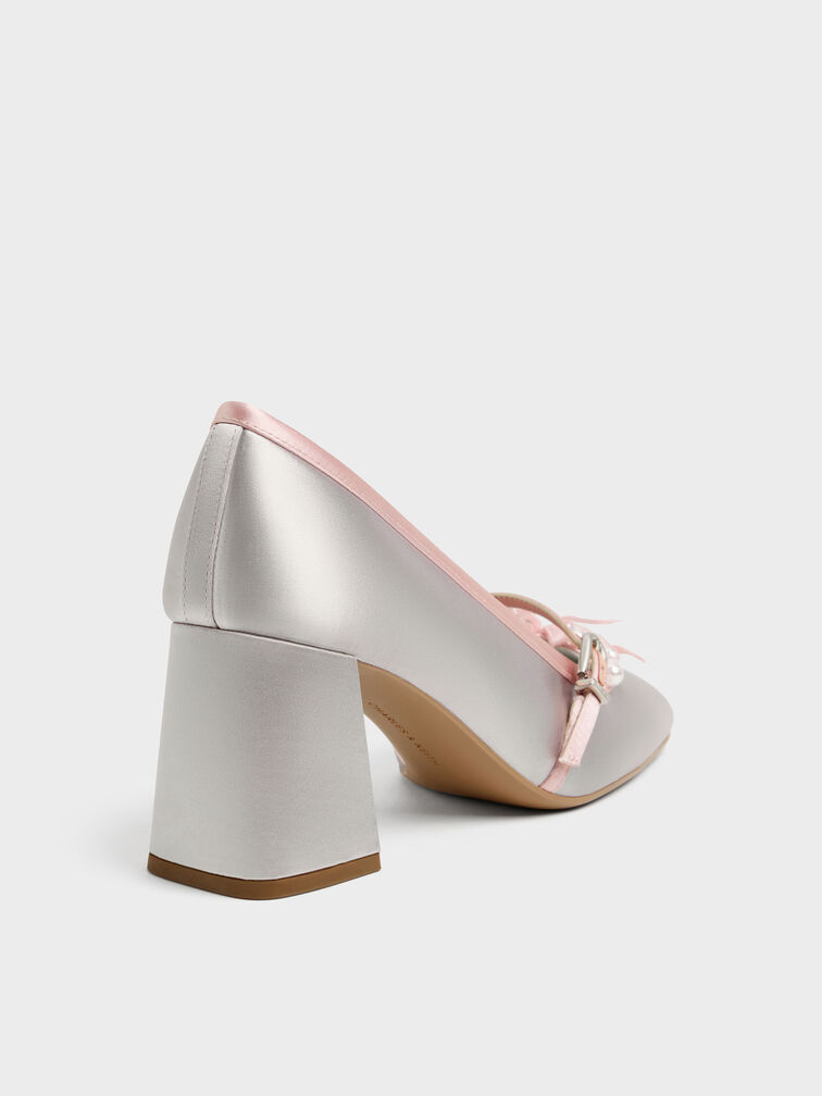 Noelie Satin Pearl-Bow Mary Jane Pumps, Silver, hi-res