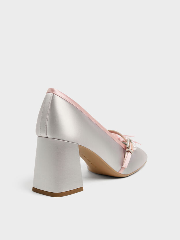 Noelie Satin Pearl-Bow Mary Jane Pumps, Silver, hi-res