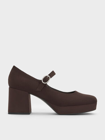 Faux Suede Platform Mary Jane Pumps, Dark Brown Textured, hi-res