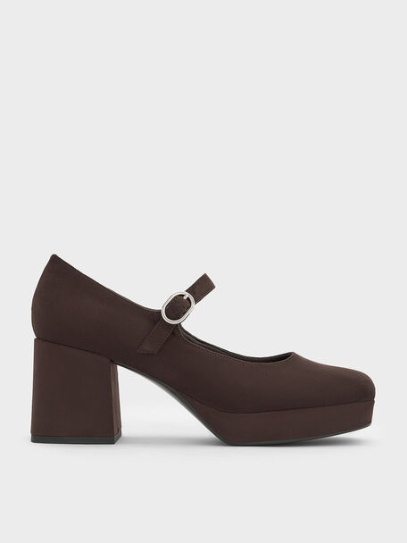 Faux Suede Platform Mary Jane Pumps, Dark Brown Textured, hi-res