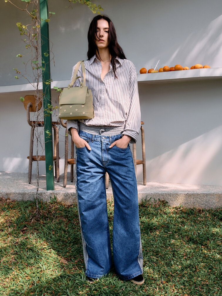 Girls' Ida Stripped Knitted Backpack, Pale Olive, hi-res