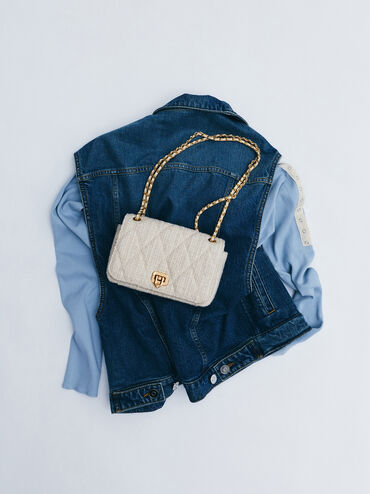 Arwen Tweed Diamond-Quilt Braided-Strap Shoulder Bag, Cream Tweed, hi-res