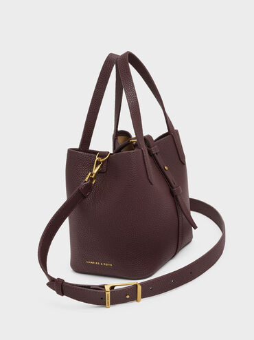 Beryl Recycled Leather Double-Handle Belted Bucket Bag, Wineberry Red, hi-res