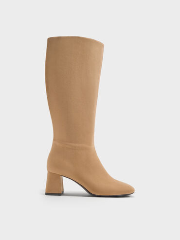 Faux Suede Square-Toe Knee-High Boots, Sand, hi-res