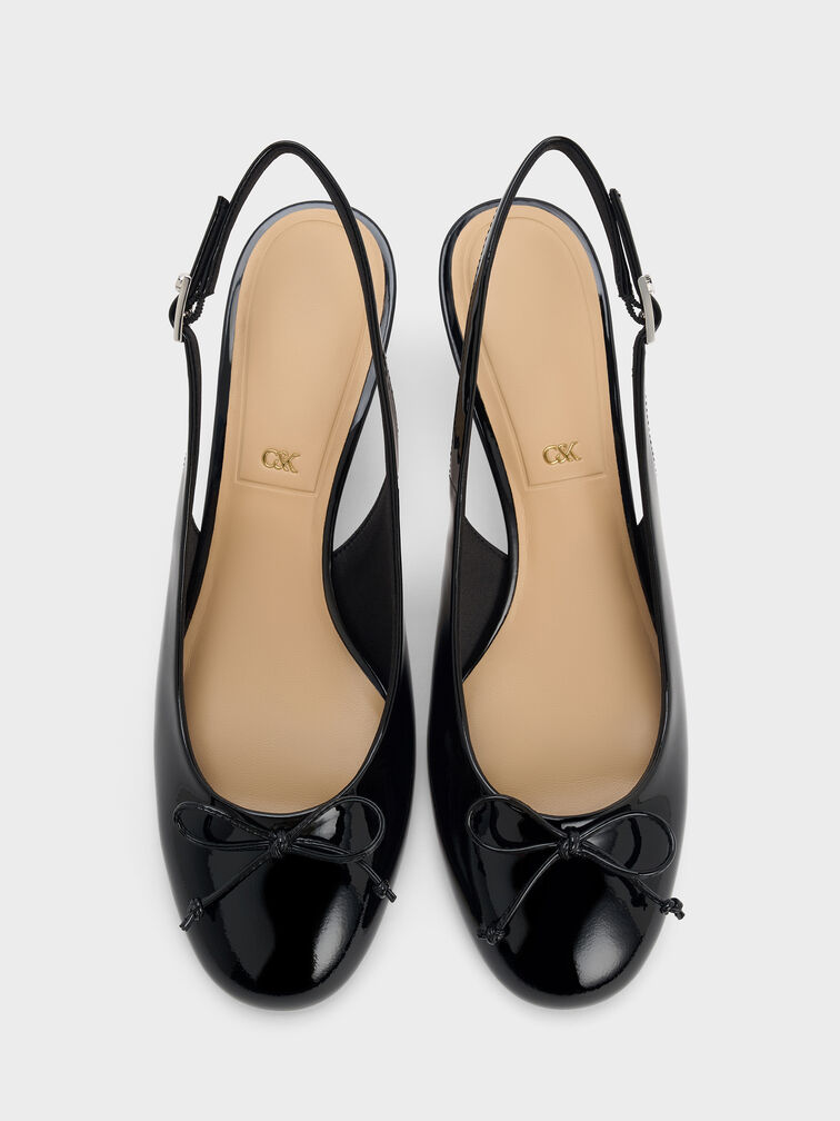 Aretha Patent Leather Bow Slingback Kitten Heels, Black Patent, hi-res