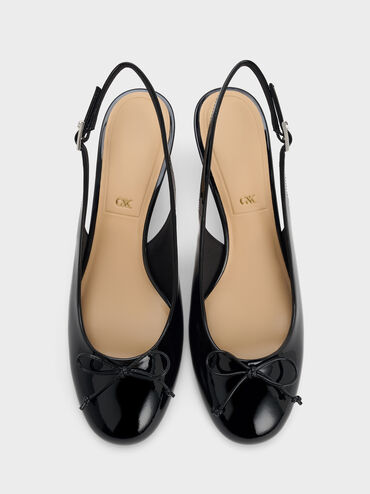 Aretha Patent Leather Bow Slingback Kitten Heels, Black Patent, hi-res