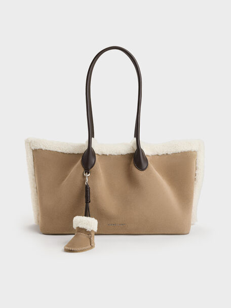 XL Cosima Fur-Trim Tote Bag, Sand, hi-res