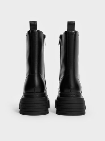 Satin-Lace Platform Combat Boots, Black, hi-res