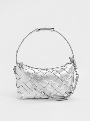 Ivette Metallic Woven Shoulder Bag, Silver, hi-res