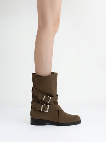 Brett Faux Suede Buckle-Strap Calf Boots, Dark Brown Textured, hi-res