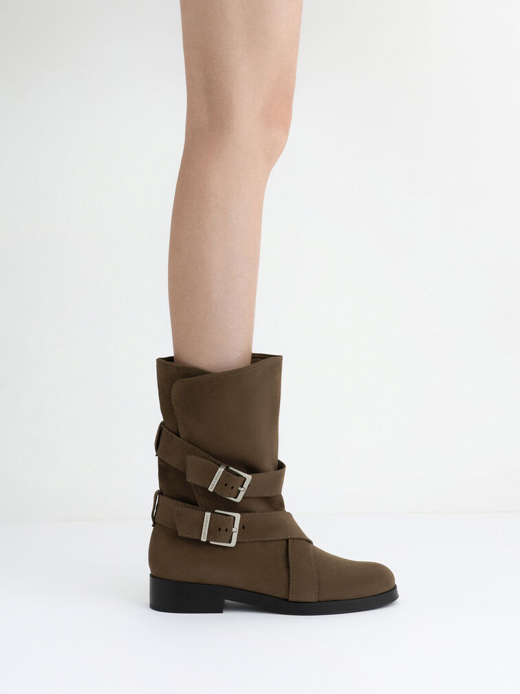 Brett Faux Suede Buckle-Strap Calf Boots, Dark Brown Textured, hi-res