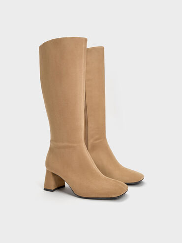 Faux Suede Square-Toe Knee-High Boots, Sand, hi-res
