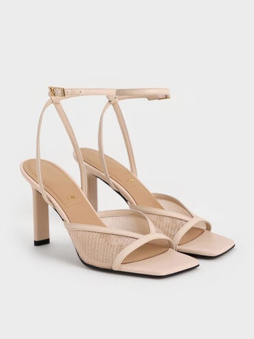 Sequin Mesh & Leather Ankle-Strap Heeled Sandals, Nude, hi-res
