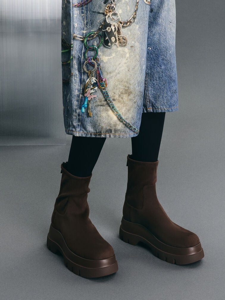 Leoi Faux Suede Back-Zip Chunky Ankle Boots, Dark Brown Textured, hi-res