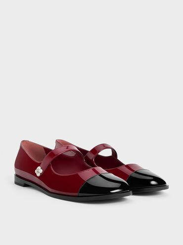 Patent Pearl-Embellished Flower-Buckle Cap-Toe Mary Janes, Maroon, hi-res