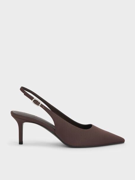 Kaia Satin Slingback Pumps, Dark Brown Textured, hi-res