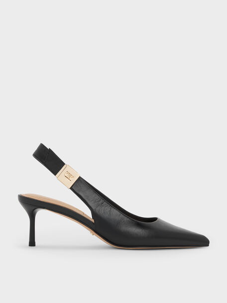 Cody Leather Pointed-Toe Kitten-Heel Slingback Pumps, Black, hi-res