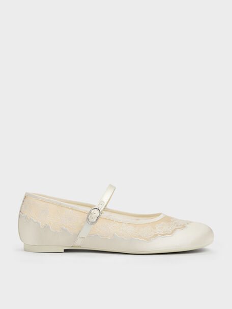 Satin Embroidered-Mesh Mary Jane Flats, White, hi-res