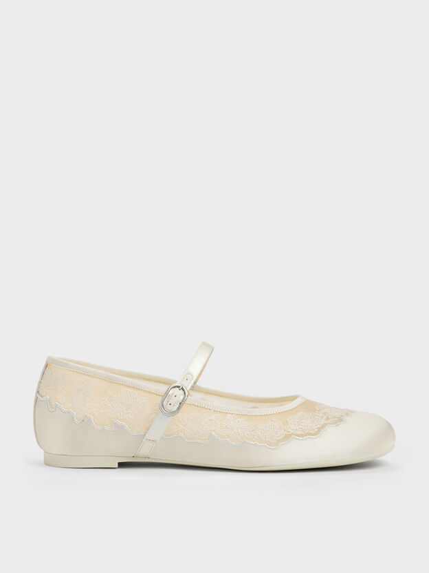 Satin Embroidered-Mesh Mary Jane Flats, White, hi-res