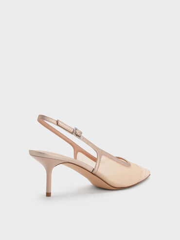 Mesh & Lace Pointed-Toe Slingback Pumps, Nude, hi-res