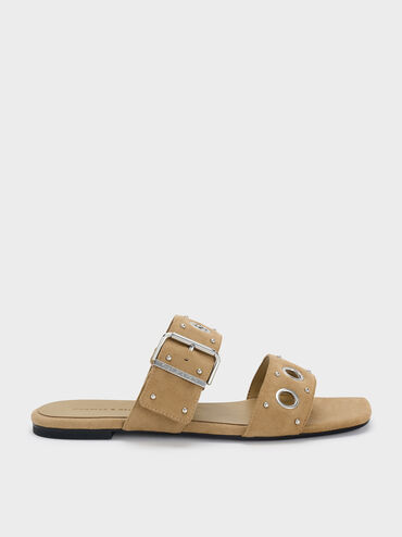 Faux Suede Grommet Buckled Slides, Sand, hi-res