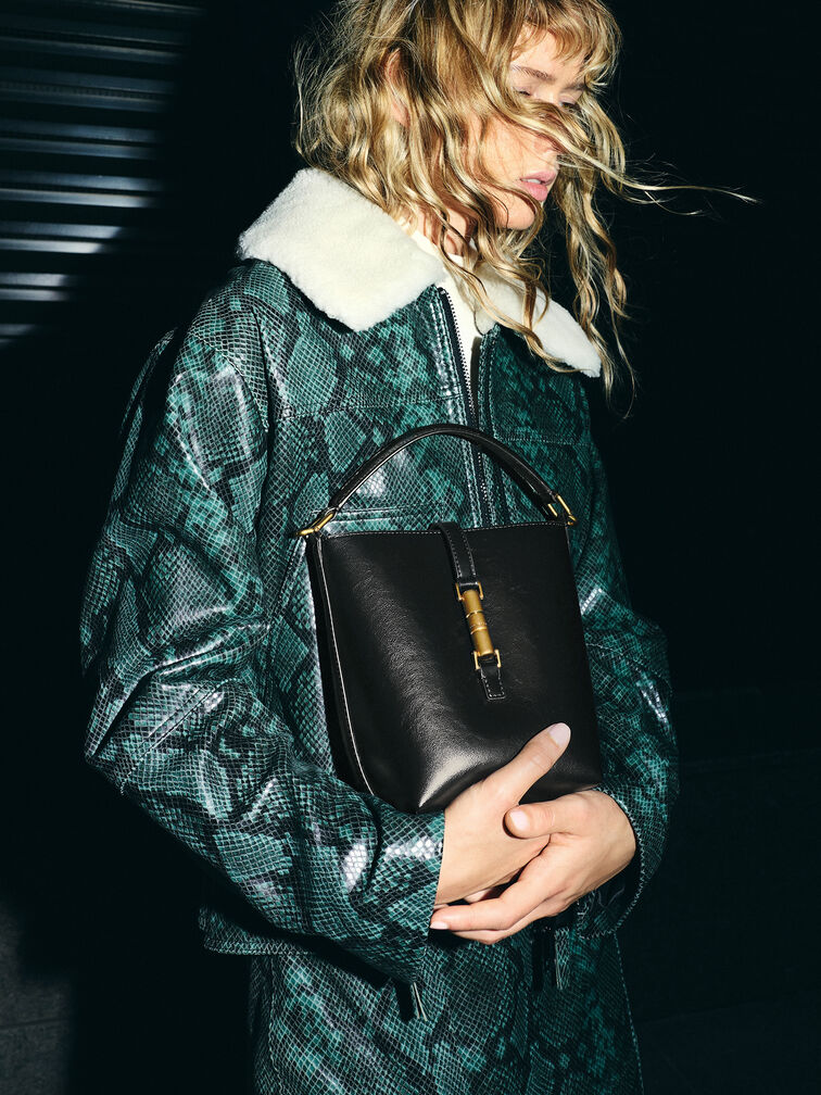 Cesia Metallic-Accent Bucket Bag, Black, hi-res