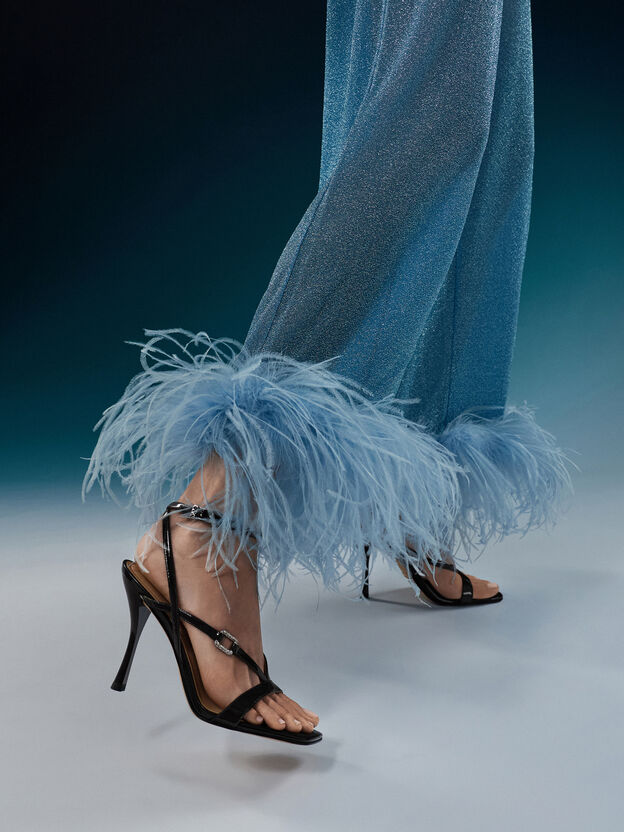 Patent Leather Crystal-Buckle Ankle-Strap Heels, Black Patent, hi-res