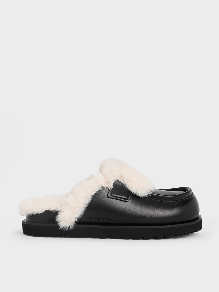 Fur-Trim Flatform Mules, Black, hi-res