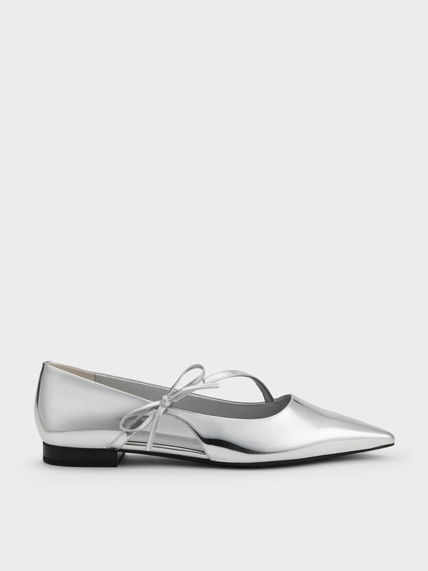 Metallic Pointed-Toe Bow-Strap Flats, Silver, hi-res