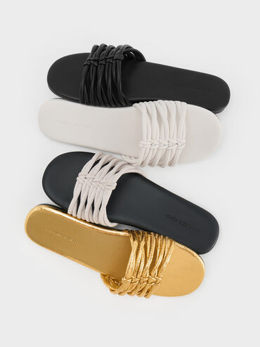 Metallic Crinkle-Effect Woven Slide Sandals, Gold, hi-res