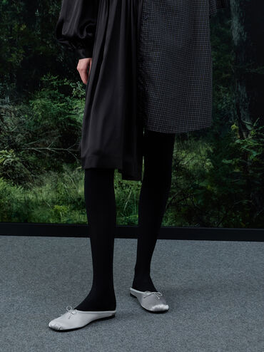 Satin Bow Flat Mules, Silver, hi-res