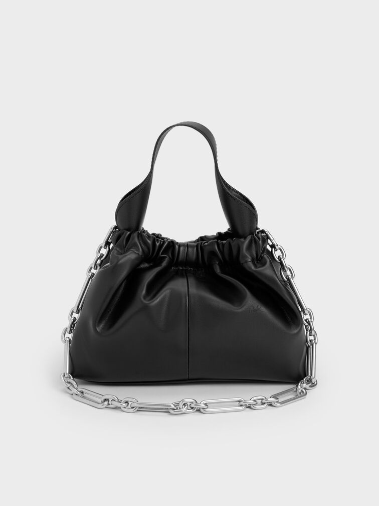 Ally Ruched Chain-Handle Bag, Noir, hi-res