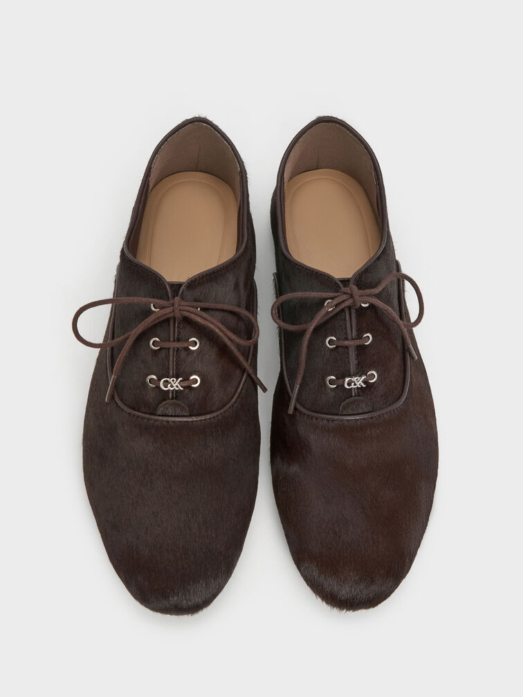 Pippa Calf Hair Derby Flats, Dark Brown Textured, hi-res