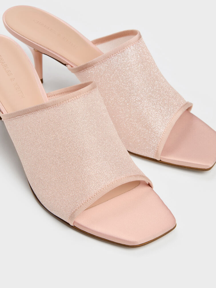 Glittered Mesh Heeled Mules, Pink, hi-res
