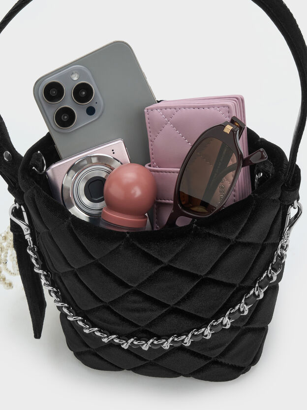 Duo Velvet Quilted Chain Bucket Bag, Noir, hi-res