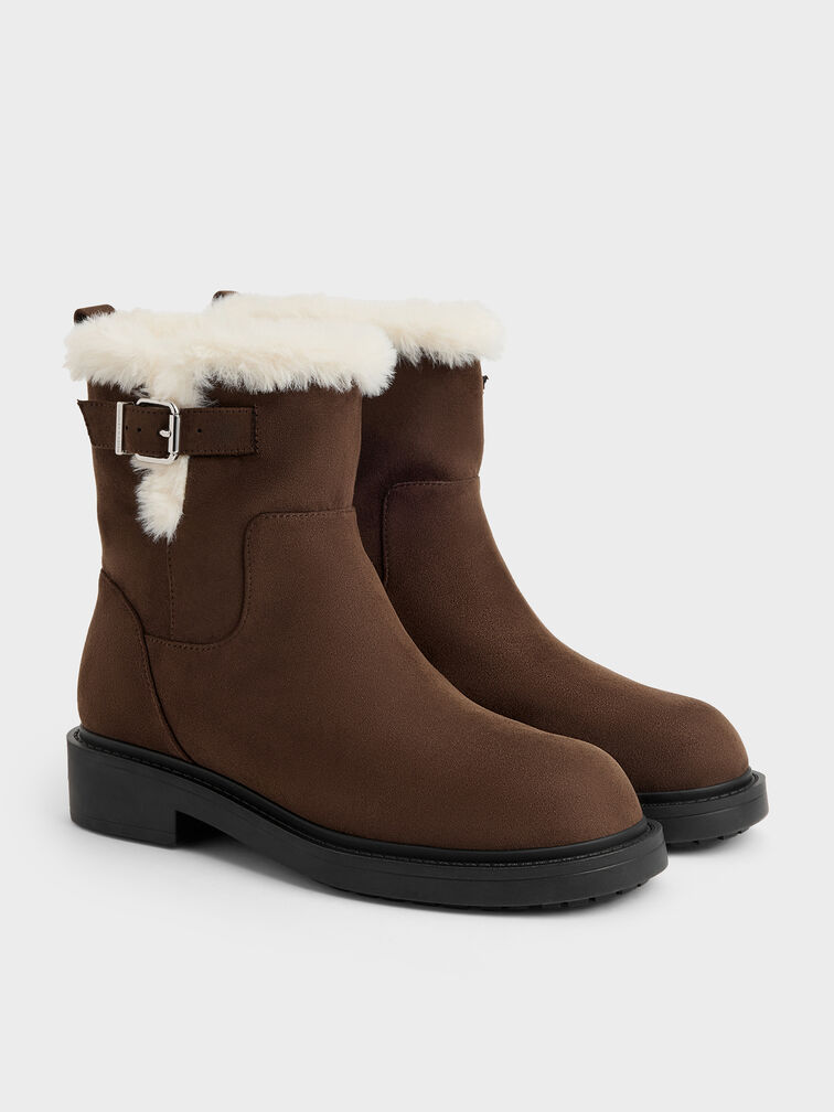 Joni Faux Suede Fur-Trim Ankle Boots, Dark Brown Textured, hi-res