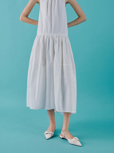 Jayce Leather Crinkle-Effect Knot-Bow Slingback Flats, White, hi-res