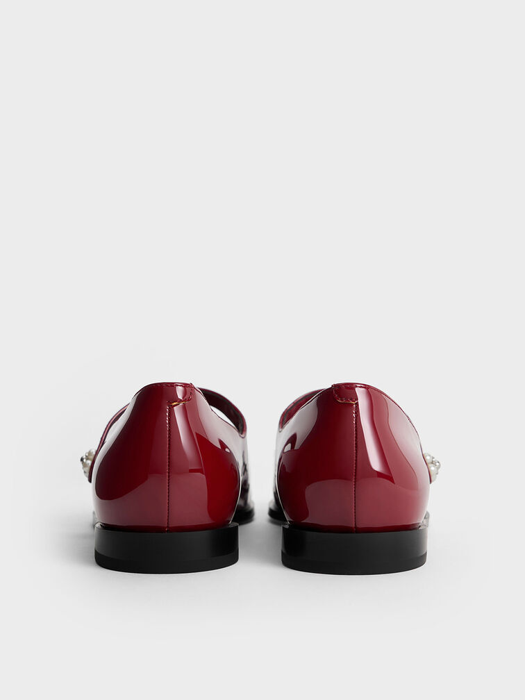 Patent Pearl-Embellished Flower-Buckle Cap-Toe Mary Janes, Maroon Patent Pearl-Embellished Flower-Buckle Cap-Toe Mary Janes, Maroon, hi-res