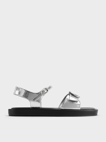 Metallic Buckled Slingback Sandals, Silver, hi-res