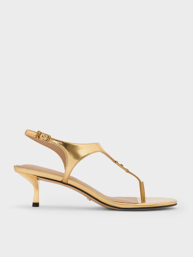 Metallic Leather Thong Kitten Heels, Gold, hi-res