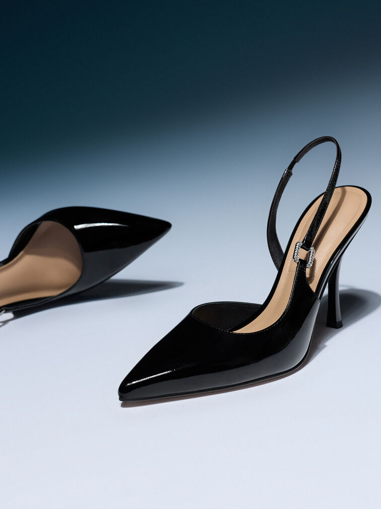 Patent Leather Crystal-Buckle Slingback Pumps, Black Patent, hi-res