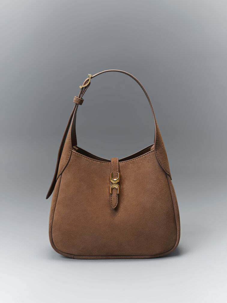 Mini Adalyn Recycled Suede Metallic-Buckle Belted Hobo Bag, Mocha Brown, hi-res