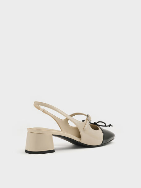 Two-Tone Patent Bow Slingback Pumps, Chalk, hi-res