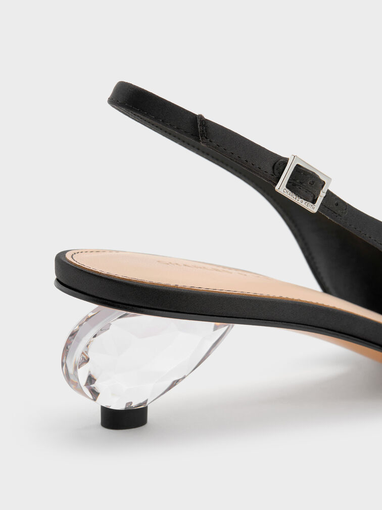Satin Pointed-Toe Crystal-Heel Slingback Pumps, Black Textured, hi-res