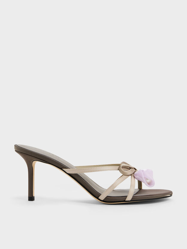Bow Flower-Pearl Heeled Mules, Dark Brown Textured, hi-res