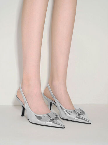 Anita Metallic Buckled Pointed-Toe Slingback Pumps, Silver, hi-res