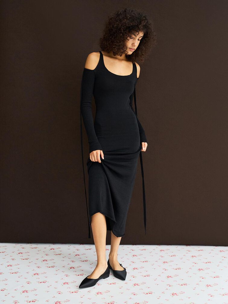 Satin Bow Pointed-Toe Flats, Black Textured, hi-res