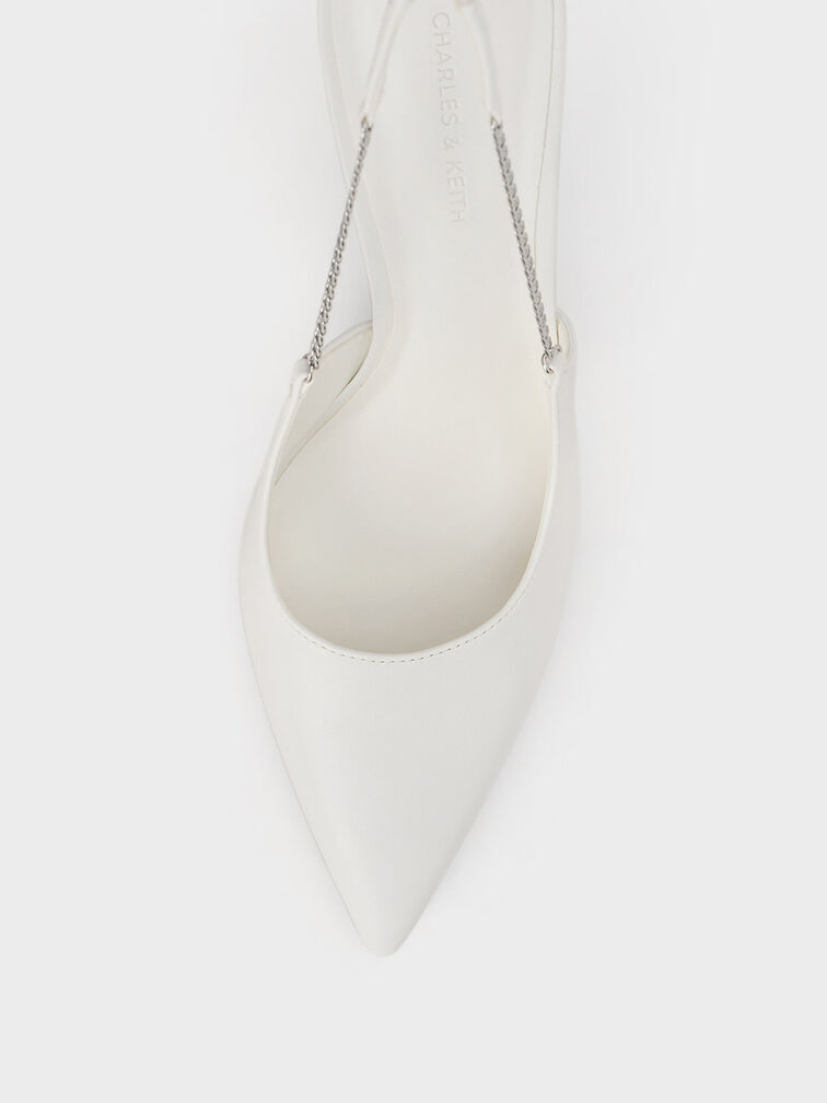 Chain-Link Pointed-Toe Slingback Pumps, White, hi-res