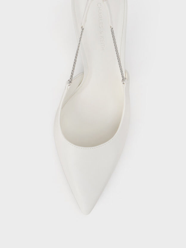 Chain-Link Pointed-Toe Slingback Pumps, White, hi-res